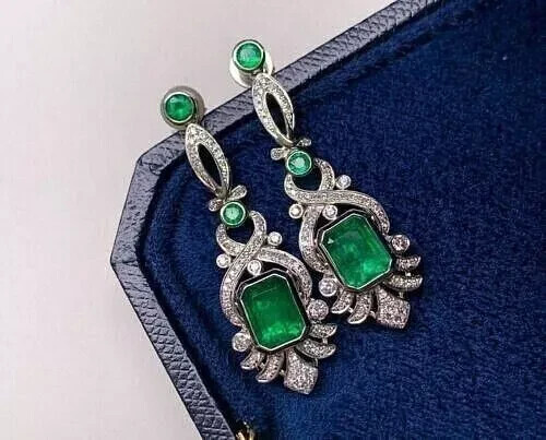 3.50Ct Simulated Emerald Drop/Dangle Earrings 14K White Gold Plated Silver
