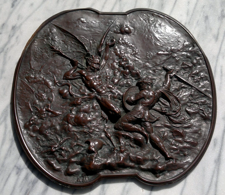 Antique c1878 Elkington & Co ~ St Michael Slaying the Devil Wall Plaque ~ 13.5" - Image 3 of 4