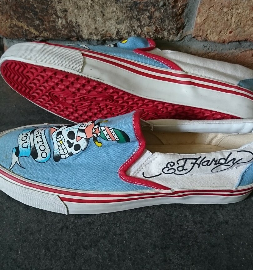 Vtg Ed Hardy blue white red slip on trainers tattoo skull