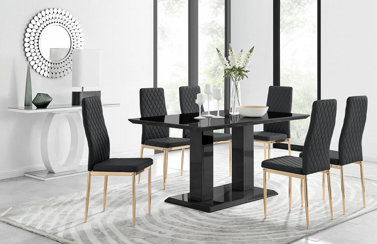 IMPERIA Black High Gloss Pillar Dining Table 6 Faux Leather Milan Chairs