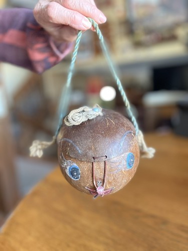 Vintage Coconut Purse Hand Made and Painted Cute Girl With Pigtails folk art