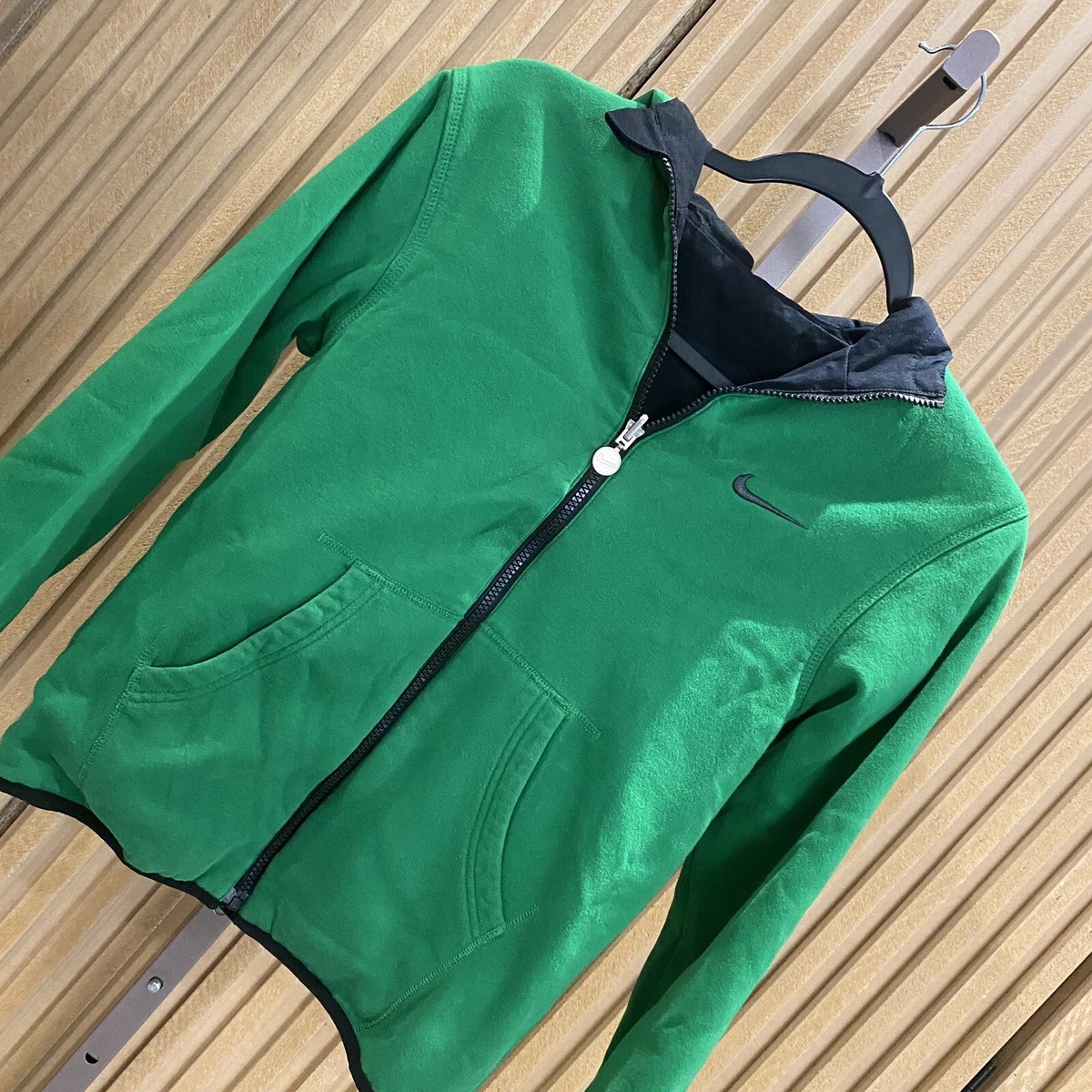 Nike Full Zip Reversible Nylon Hoodie Jacket Black / Green Kid's Size S*
