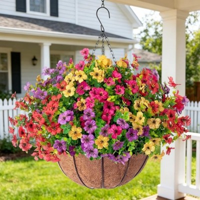 Artificial Flowers Hanging Basket for Outdoor Decoration UV Resistant Silk Fl...