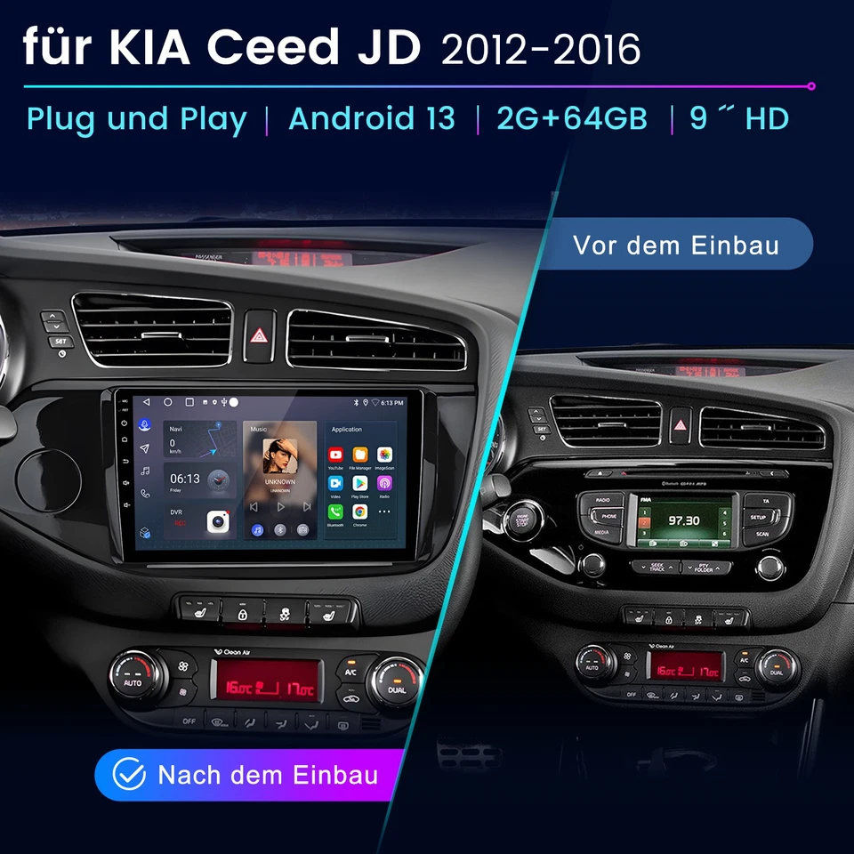 9'' Android 14 Autoradio Für Kia Ceed 2012-2016 GPS Navi WIFI BT SWC DAB+ 2+64G - Bild 2 von 4