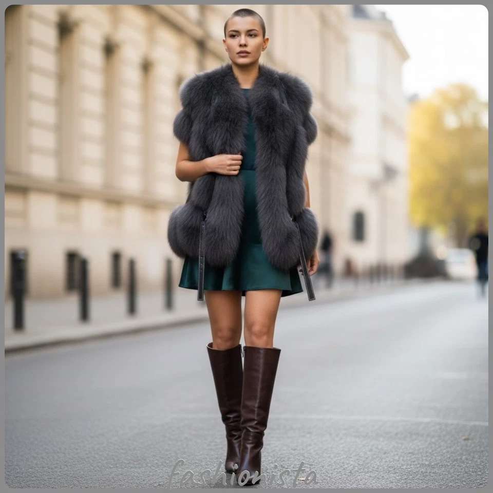 Chaleco recortado de piel de zorro sintético negro talla S Foto 4 de 4