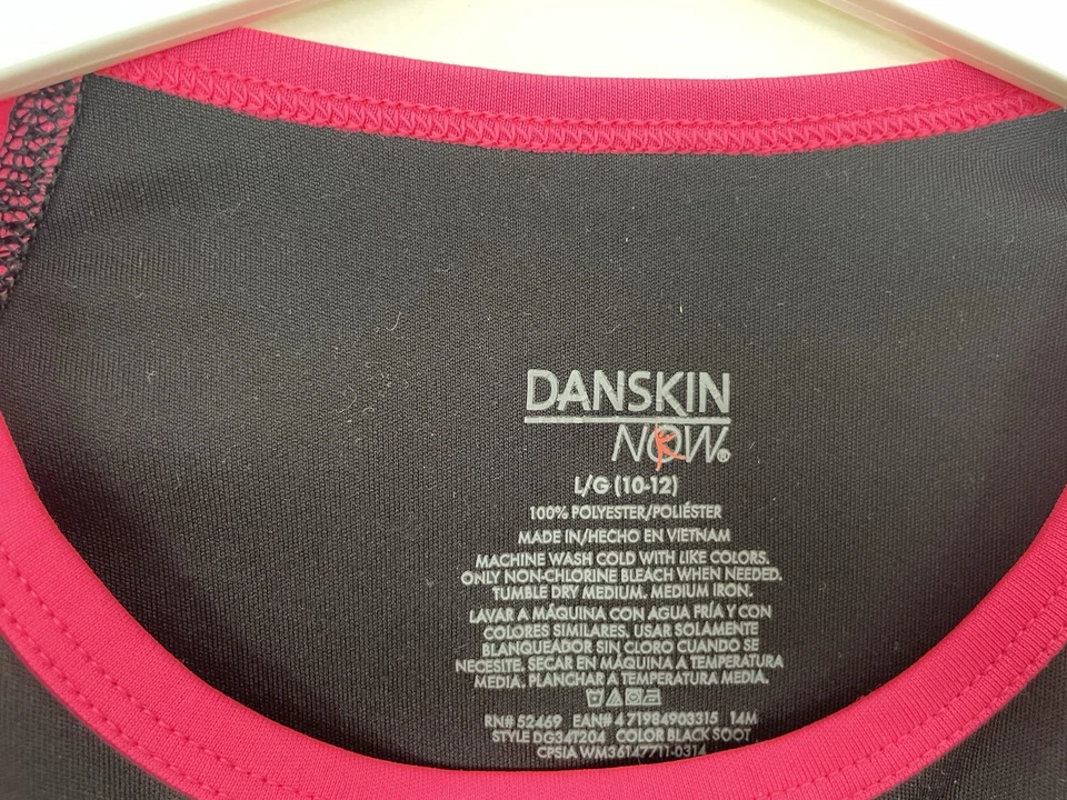 Camisa Danskin Niño Niña 100% Poliéster Rosa Caliente Raglán Manga Corta Negra L 10-12 Foto 2 de 4