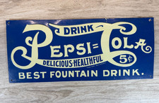 Vintage Drink Pepsi-Cola Embossed Metal Advertising Sign 14" x 6" Fountain Drink