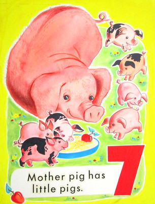 1950 PIGS CHILDRENS BOOK PAINTING COUNT THE ANIMALS ORIGINAL drawing art cel pig
