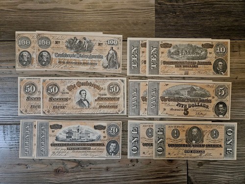 12 CONFEDERATE CIVIL WAR CSA Richmond Paper Money Reproduction 1-5-10-20-50-100