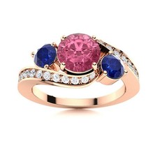 Round Pink Topaz  Blue Sapphire 925 Silver Rose Plated Three Stone Women Ring