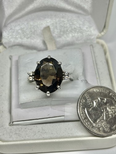 Vintage Oval Smokey Topaz & Clear Rhinestone Sterling Cocktail Ring Sz 10 1/4 - Picture 14 of 20