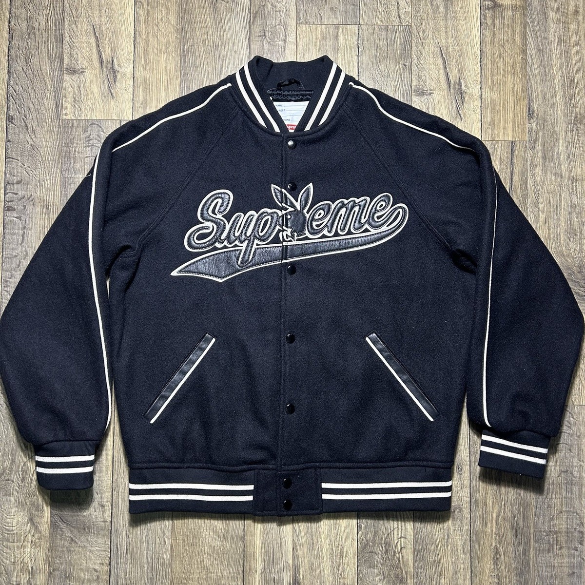 Supreme Playboy Wool Varsity Jacket Men's Medium Black Leather New