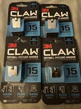 Lot of 4 - 3M CLAW 15 LB Drywall Picture Hanger w/ Temporary Spot Marker 4 Hooks