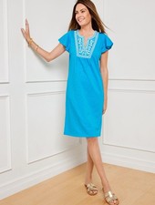NWT TALBOTS NANTUCKET SLUB EMBROIDERED SHIFT DRESS BLUE COTTON Women M Beach