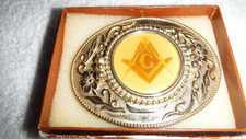 Vintage Masonic Mason Freemasons Belt Buckle Oval Gold Tone