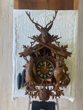 Antique Black Forest Hunter Cuckoo Clock Carved Stag Rifles Musical Movement