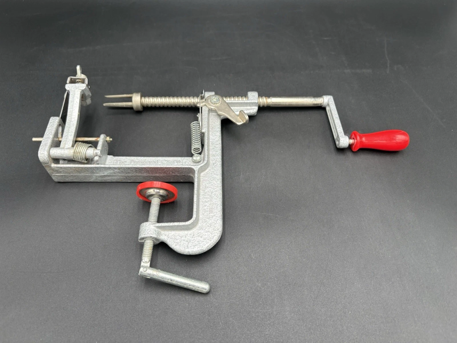 The Pampered Chef Apple Peeler Corer Slicer Silver Red Metal Manual Handle