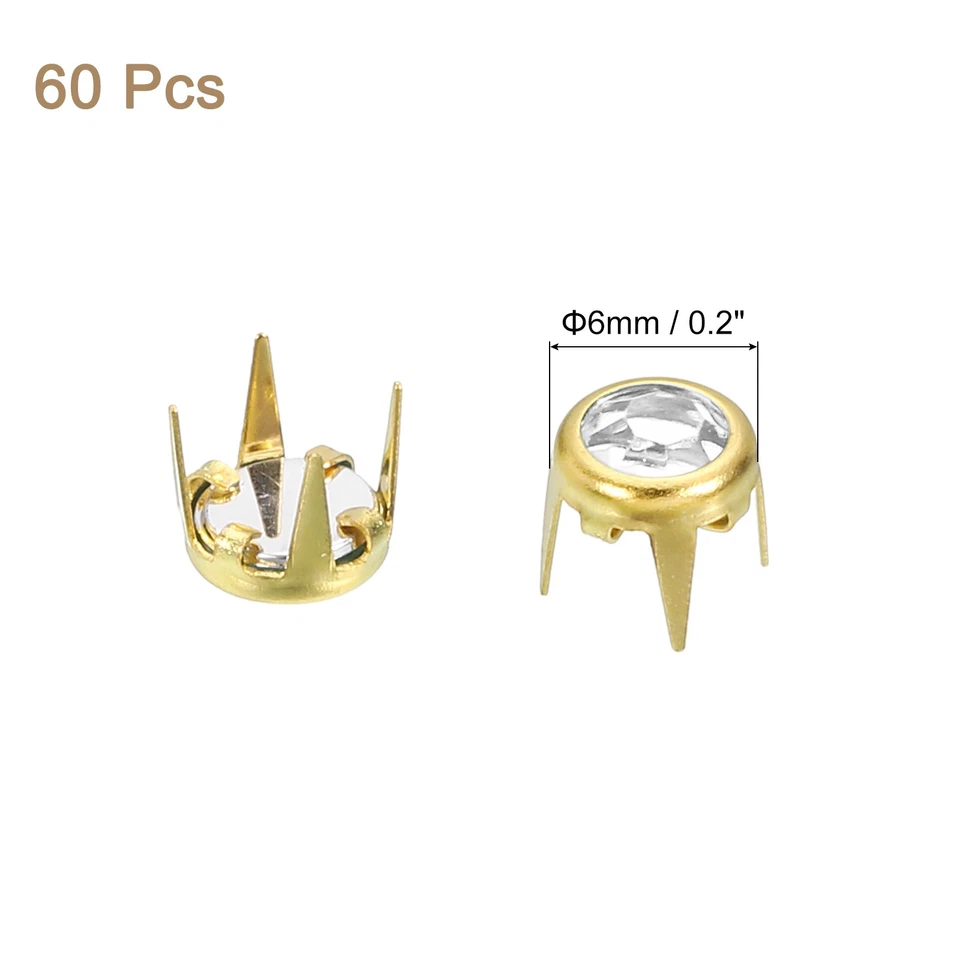 60 Pcs Rhinestone Studs, 6mm Round Rivets Claw Beads Nailhead, Gold/White - Image 2 of 4