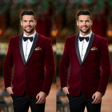 Burgundy Men's Velvet Suit Peak Lapel Prom Wedding Christmas Party 2Pcs Jacket