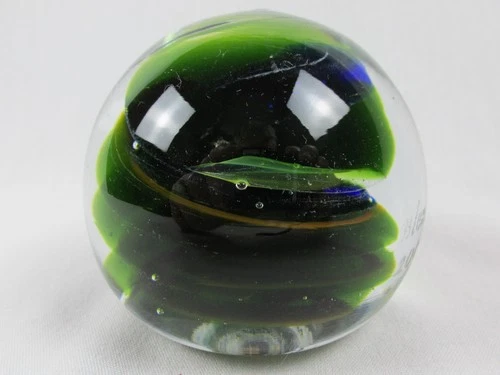 Vintage Blenko Glass 2005 Blue Green Orange Swirl Bubbles Paperweight