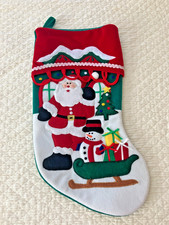 VTG Christmas Stocking Santa Waiving Snowman In Sleigh In Front Of House 18"