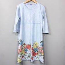 Soft Surroundings Faux Suede Tunic Dress Size L Blue Floral Artsy Boho Stretch