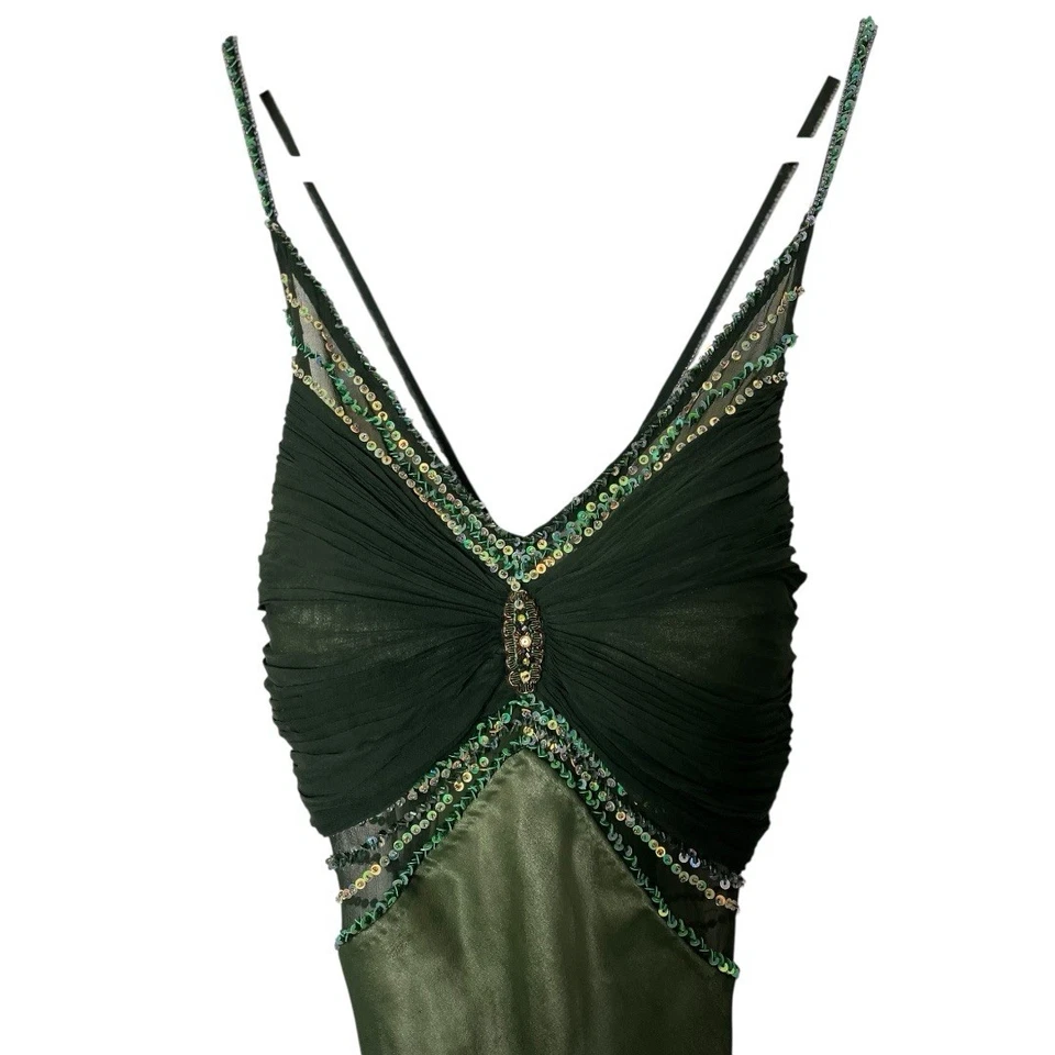 Vestido sin Mangas Vintage Y2K Escala Seda Cuentas Verde PS P S Foto 3 de 4