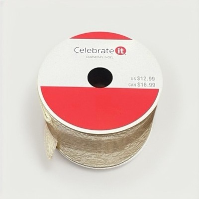 Celebrate It Wired Ribbon 2.5in Polyester Beige Christmas Noël Printed Spool