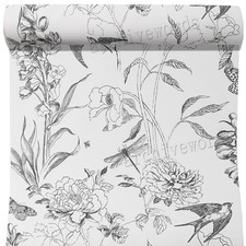 Black&White Floral Wallpaper Flowers Birds Botanical Smooth Finish Feature Wall
