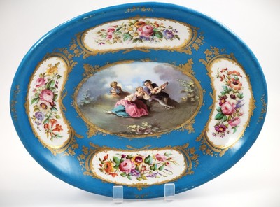Samson Large Porcelain Tray, Bleu Céleste, Watteau Scene, Paris, c.1880