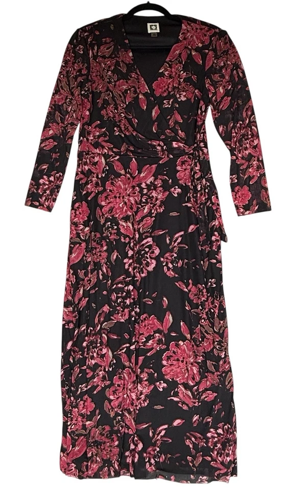 Vestido Midi Feminino Anne Klein S Preto Rosa Floral Envoltório Escuro Cottagecore Feminino - Imagem 3 de 4