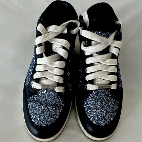 Jimmy Choo London Glitter Leather Low Top Lace-Up Sneakers Blue Black White
