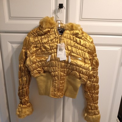 Palomares Women's Gold Textured Faux Fur Collar Bomber Coat W/Hood - Size L, XL