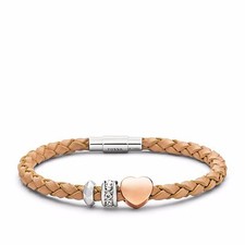 NEW-FOSSIL BRAIDED NEUTRAL LEATHER CRYSTAL HEART CHARM BRACELET JF01567998
