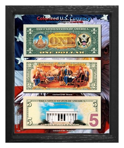 U.S. Currency Colorized $1, $2 & $5 Bills Reverse Display Day in 8"x10" Frame - Picture 2 of 6