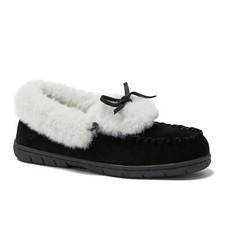 Lands' End Women's Fluffy Lined Indoor Outdoor Moccasin Slippers, Black Suede, 9