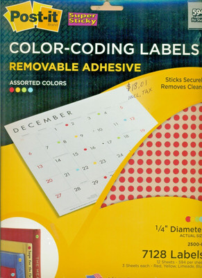 POST-IT COLOR CODING 1/4'' DOTS LABELS REMOVABLE ADHESIVE 4 COLORS (7128) TOTAL