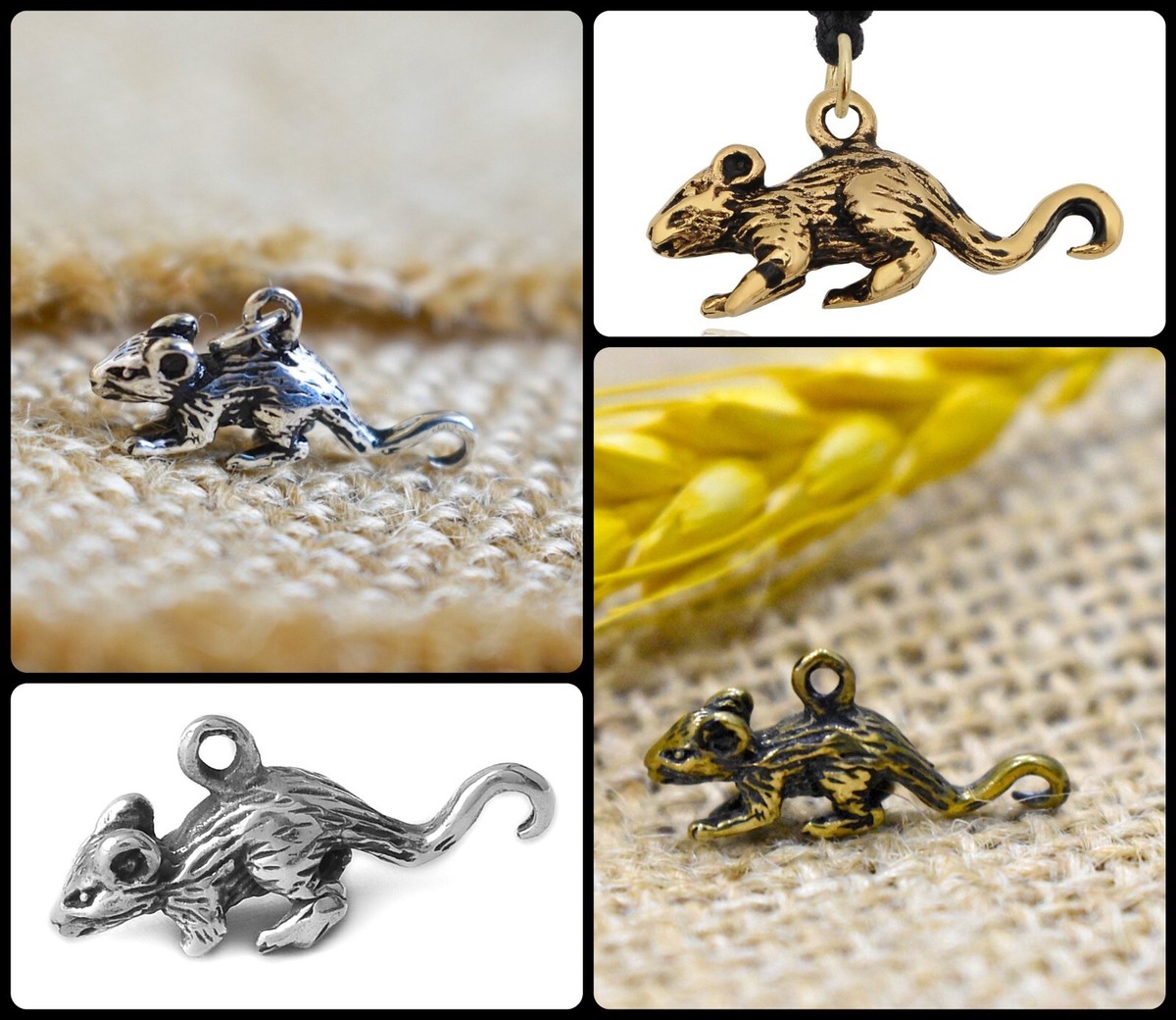 Cute Rat Sterling Silver Gold Brass Charm Necklace Pendant Jewelry