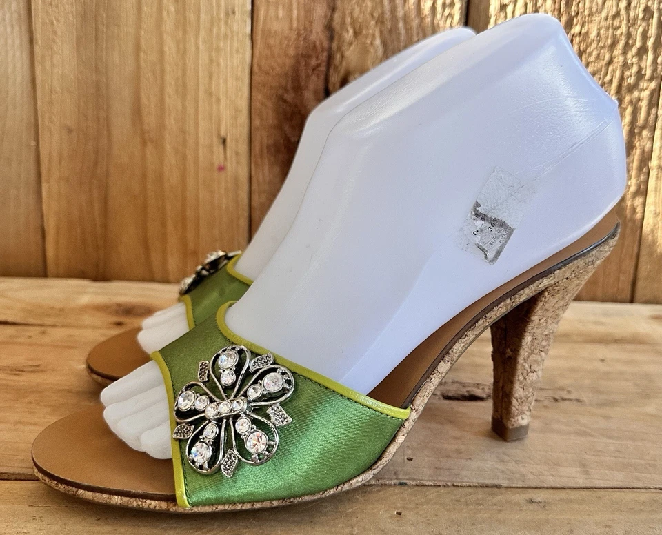 Nina Satin Jeweled Heels Shoes Green Sandals Summer Wedding Cork 7.5 Women’s - image 2 of 4