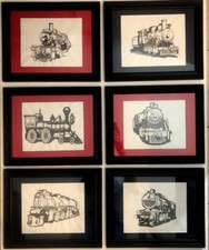 6 Cross Stitch Needlepoint Embroidered Train Locomotive Engines Complete Framed
