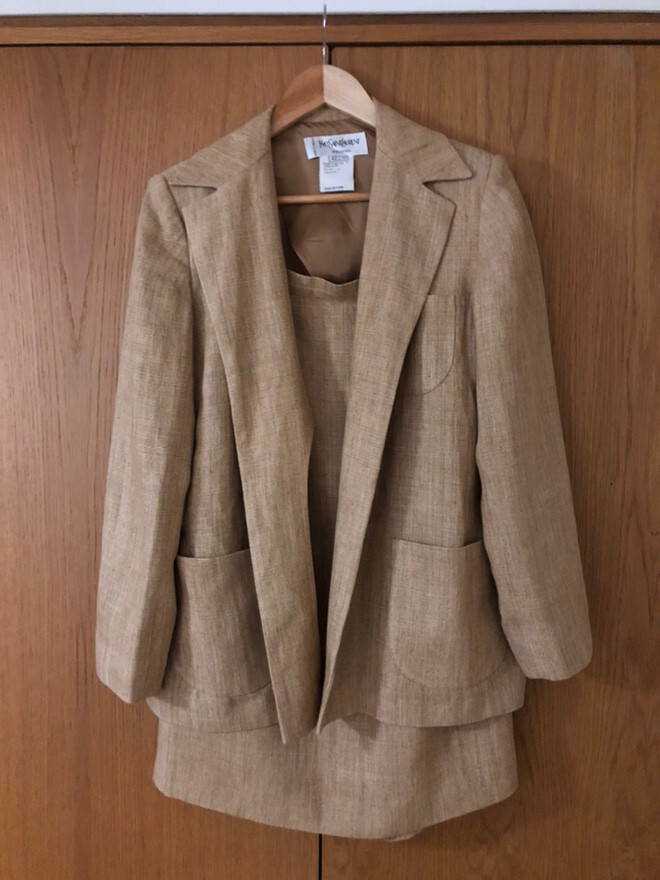 GONNA E GIACCA VINTAGE YVES SAINT LAURENT LINO BEIGE SU MISURA US 10 UK 14