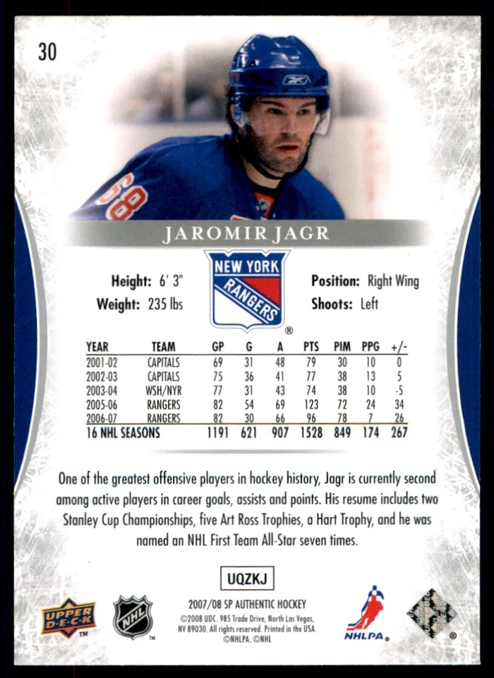 2007-08 SP Authentic Jaromir Jagr #30 - Image 2 of 2