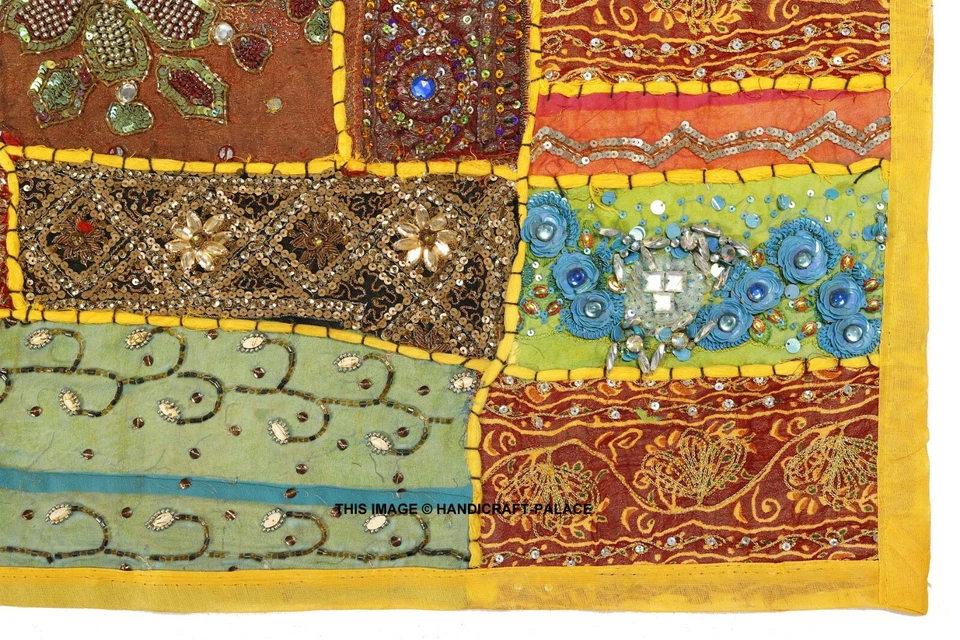 40" AMARILLO IMPRESIONANTE CUENTAS INDIAS LENTEJUELAS SARI PARED COLGANTE DECORACIÓN TAPIZ TIRO Foto 2 de 3