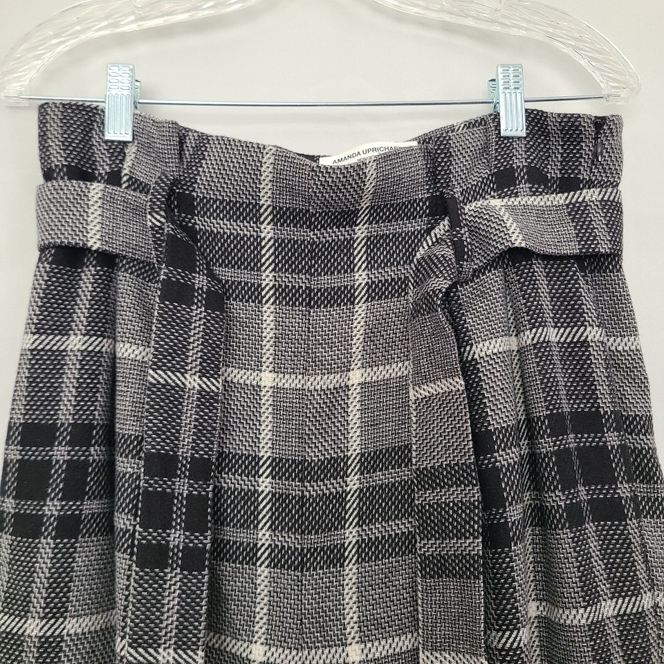 Amanda Uprichard Sz M Black White Gray Plaid Paper Bag Waist Tie Wool