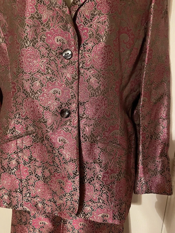 Oscar de la Renta Seda Brocado Fucsia Dorado Floral Paisley Falda Traje Talla 12 De Colección Foto 2 de 4