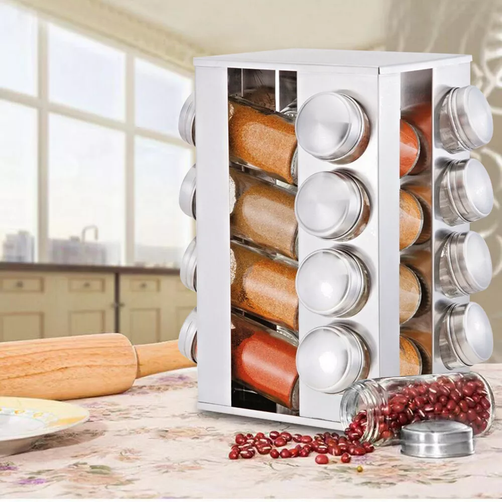 16 Jar Revolving Spice Rack with Glass Bottles Rotating for Herbs