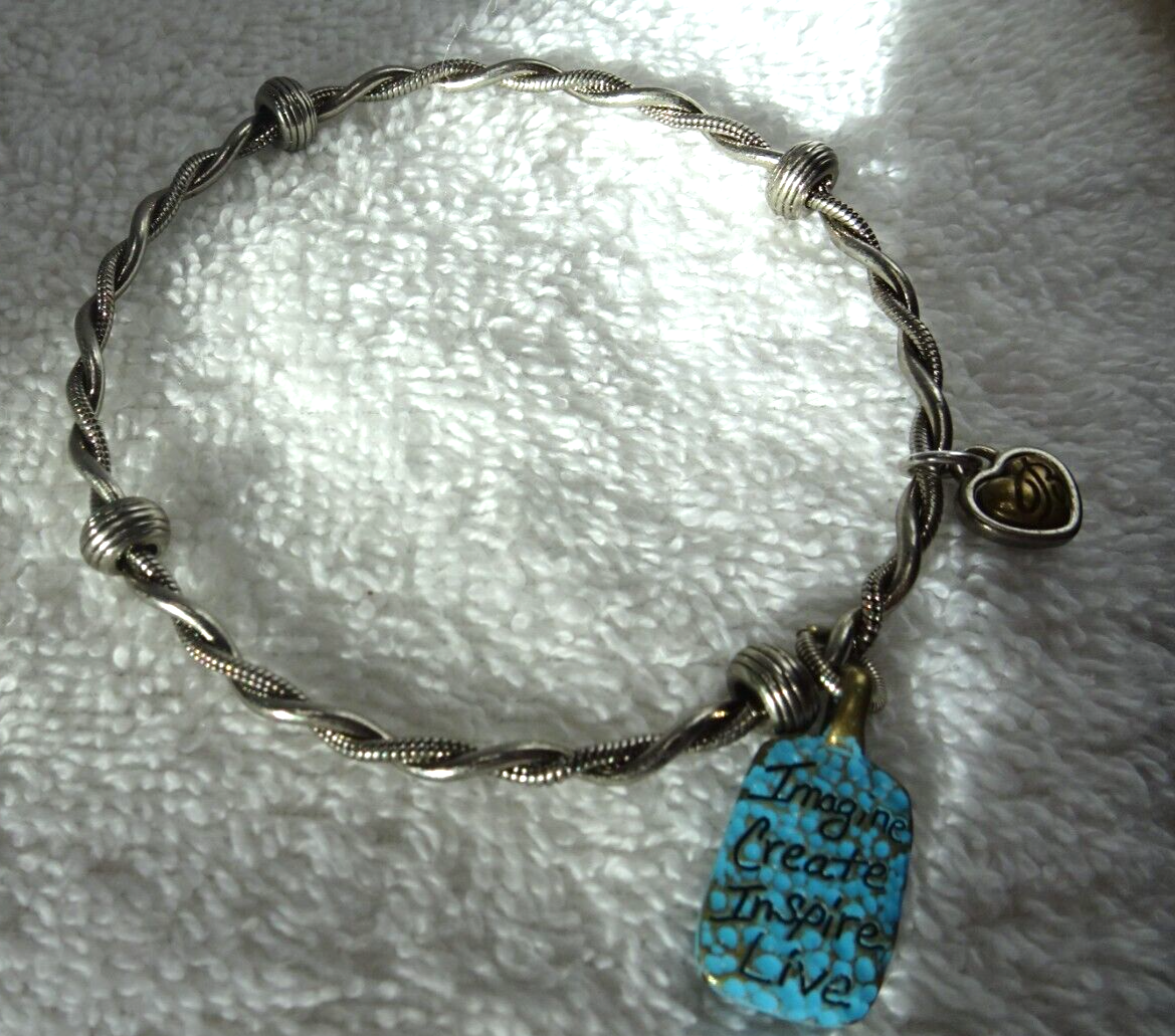 Brighton Bangle Bracelet with Blue Charm - Imagine Create Inspire Live Motto  -image