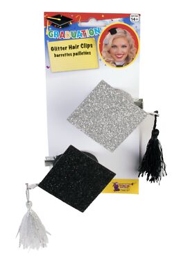 Graduation Celebration Mini Grad Cap Sparkling 2pc Hair Clips Black Silver