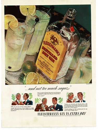 1939 Fleischmann's Dry Gin Tom Collins drinks Man cave decor Vintage Print Ad