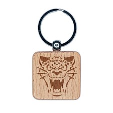Ferocious Snarling Leopard Jaguar Jungle Cat Engraved Wood Square Keychain